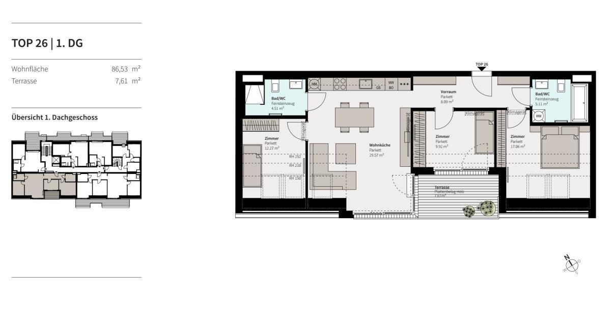 Grundriss der Wohnung TOP 26 im 1. Dachgeschoss mit Wohnfläche und Terrasse.