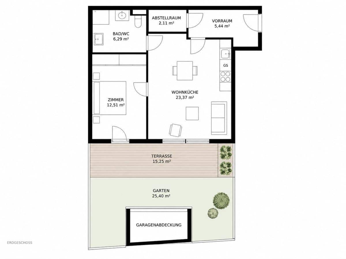 Detaillierter Grundriss der Erdgeschosswohnung mit Wohnküche, Schlafzimmer, Bad und Außenbereichen.