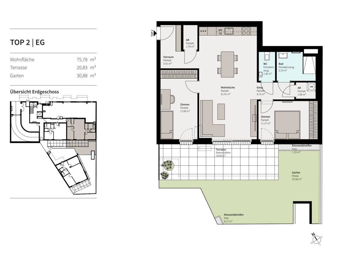 Detaillierter Grundriss einer Erdgeschosswohnung mit Terrasse und Garten.