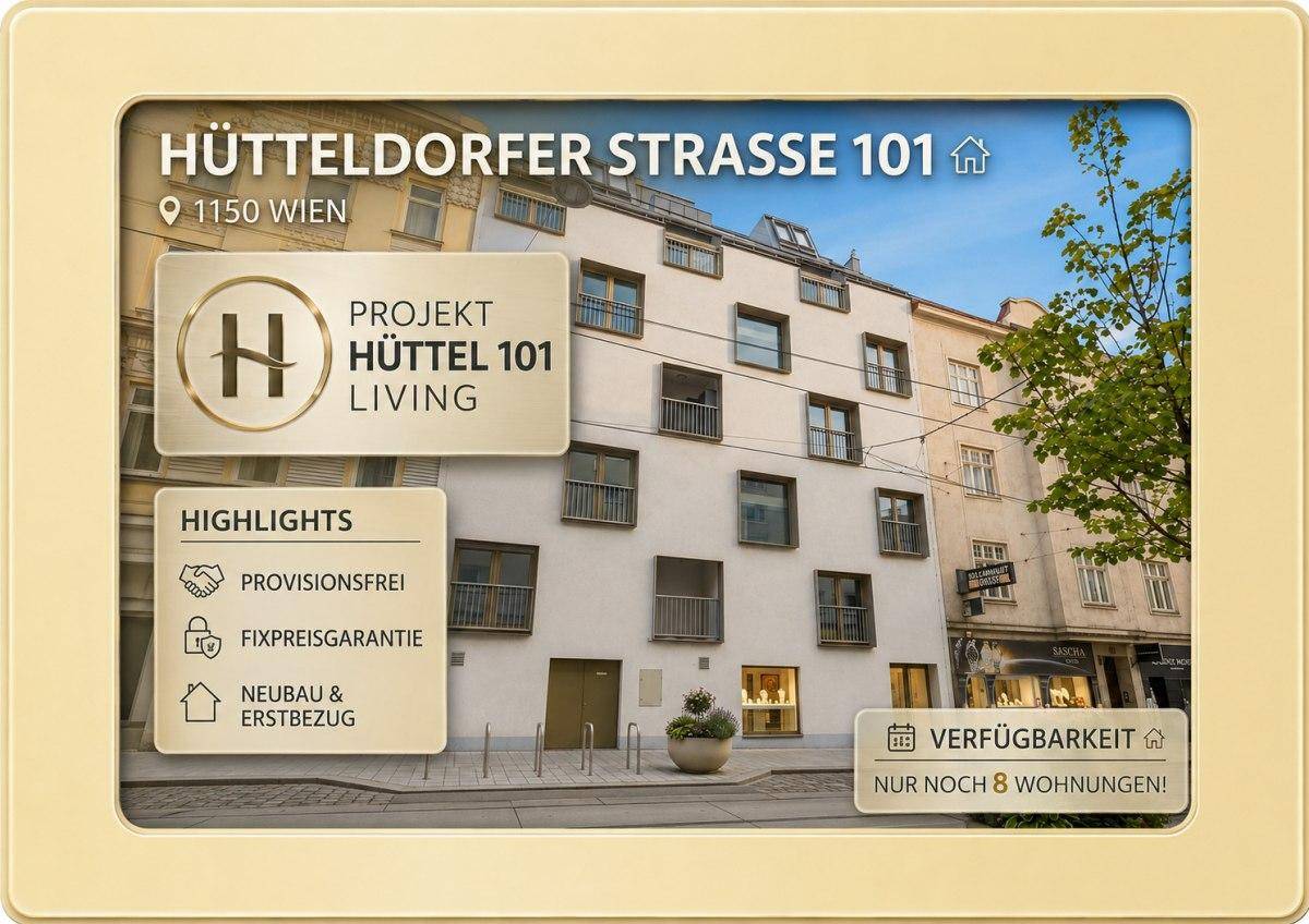 Außenansicht des Gebäudes in der Hütteldorfer Straße 101 mit Projektinformationen.