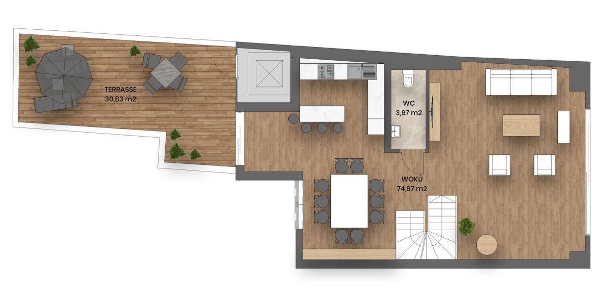Grundriss des Hauptgeschosses mit offener Wohnküche, Essbereich und großer Terrasse.