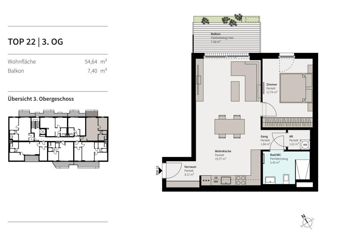 Grundriss der Wohnung TOP 22 im 3. Obergeschoss mit Wohnküche, Schlafzimmer und Balkon.