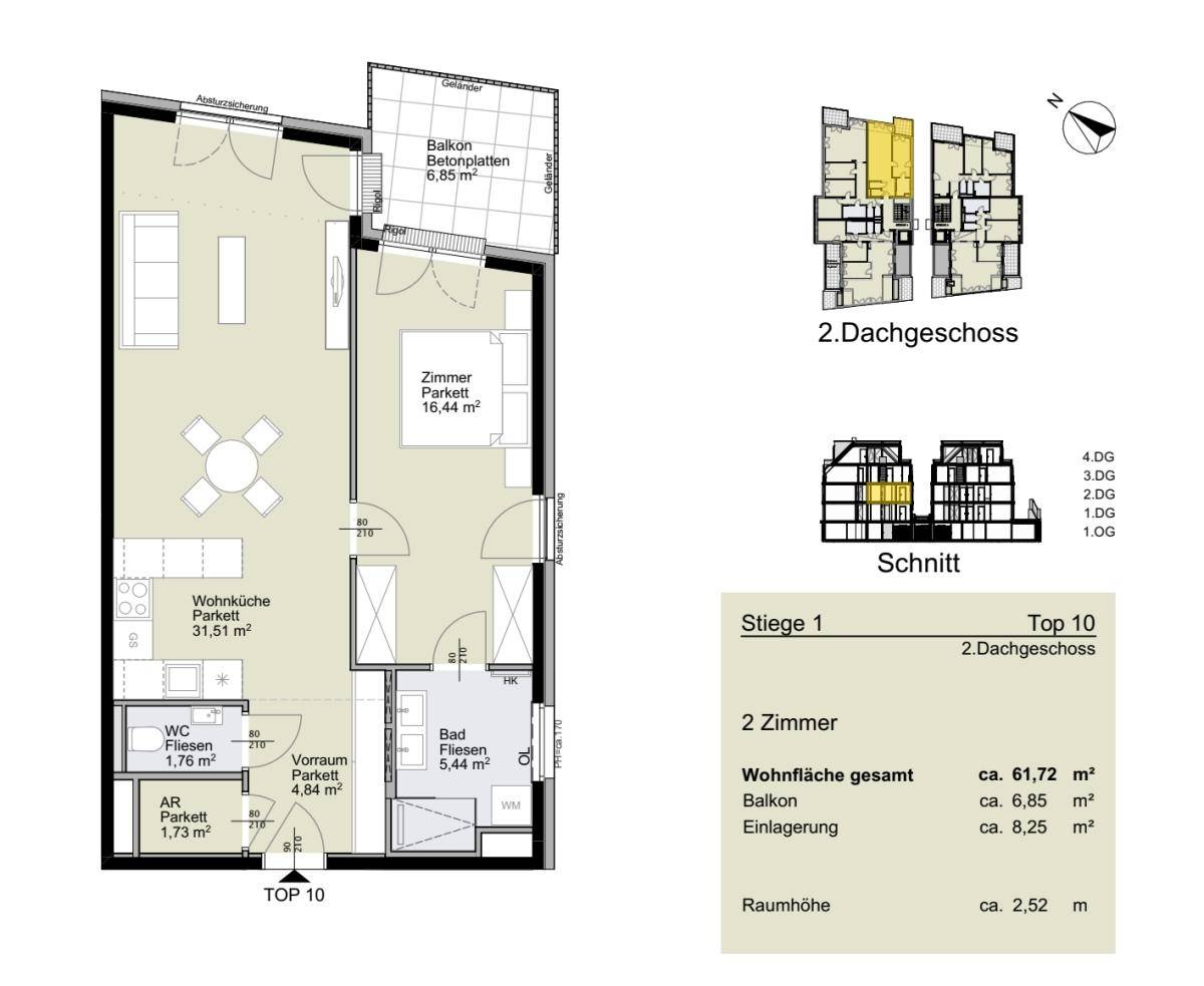 Grundriss der Wohnung Top 10 im 2. Dachgeschoss mit Balkon und offenem Wohnbereich.