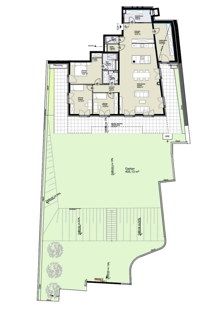 Gesamtgrundriss der Immobilie mit detaillierter Raumaufteilung, großem Garten und Parkplätzen.