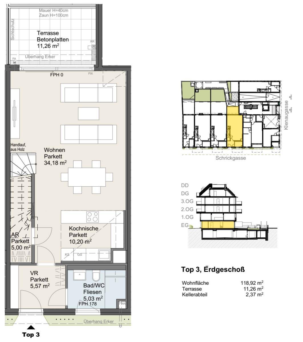 Grundriss des Erdgeschosses mit Wohnbereich, Küche und Terrasse, Gesamtfläche 118,92 m².