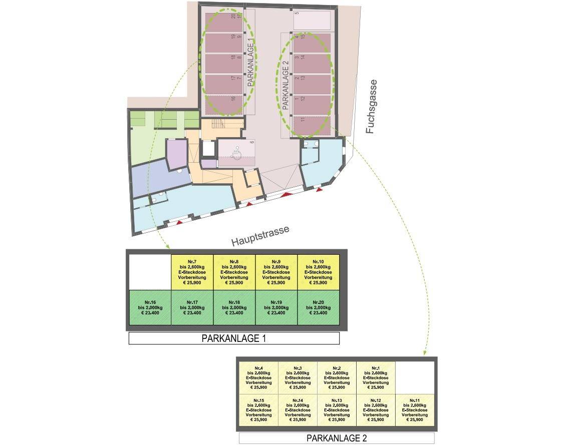 Grundriss des Erdgeschosses mit Parkplätzen und Preisinformationen für Stellplätze.