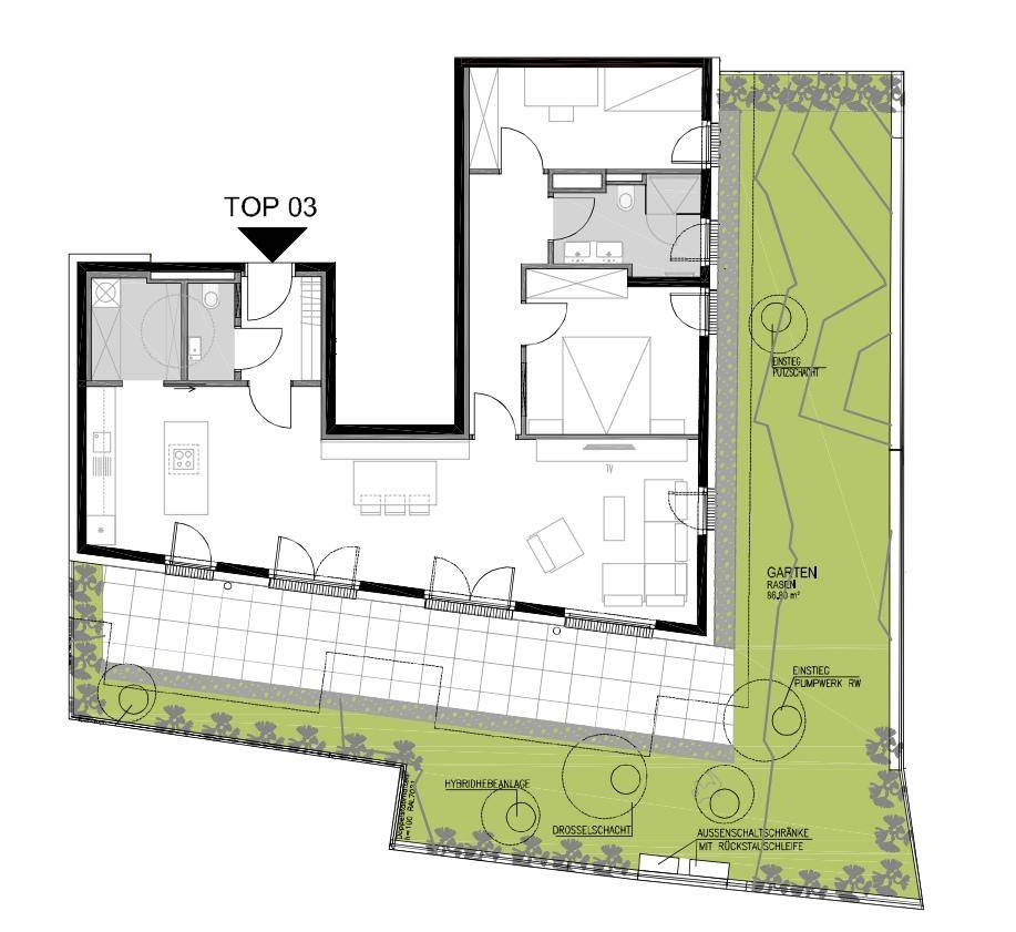 Detaillierter Grundriss des Erdgeschosses mit Garten, Terrasse und Außenanlagen.