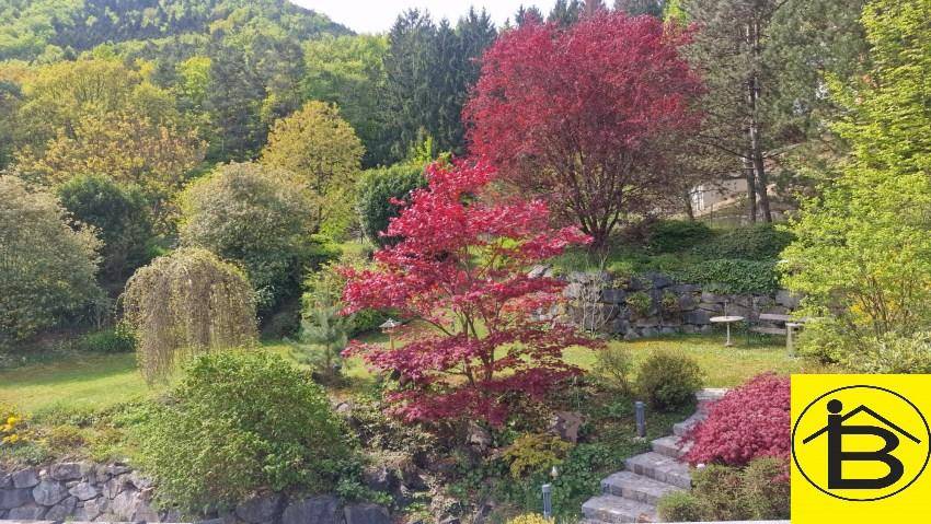 Wunderschön angelegter Garten mit farbenprächtigen Bäumen, Sträuchern und Steinterrassen.