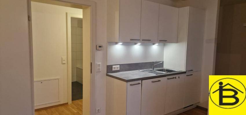 Funktionale Einbauküche mit weißen Schränken und Spüle, gut beleuchtet.