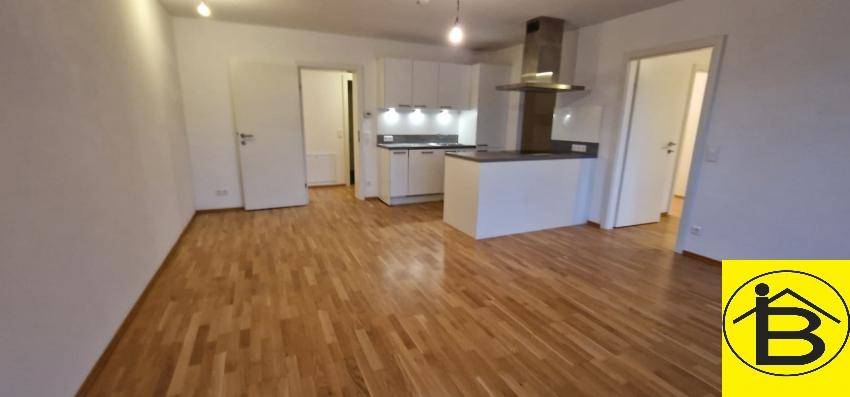 Heller offener Wohnbereich mit Holzboden und integrierter Küche im Hintergrund.