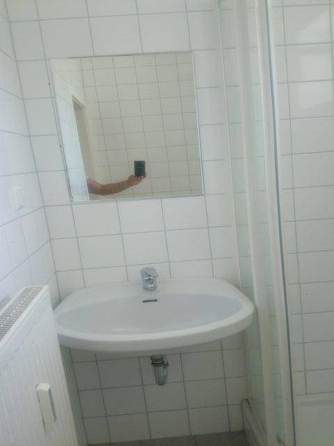 Badezimmer mit Waschbecken, Spiegel und Duschbereich, einfach und funktional gestaltet.