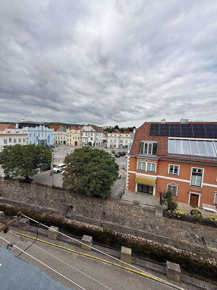 Panoramablick auf einen Stadtplatz mit historischen Gebäuden und Bäumen.