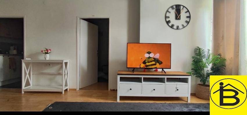 Wohnbereich mit Fernseher auf einem Lowboard, großer Wanduhr und einer Zimmerpflanze.