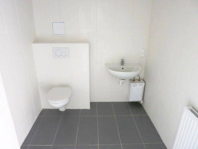 Modernes Badezimmer mit Wand-WC, Waschbecken und Heizkörper, in hellen Farben gehalten.