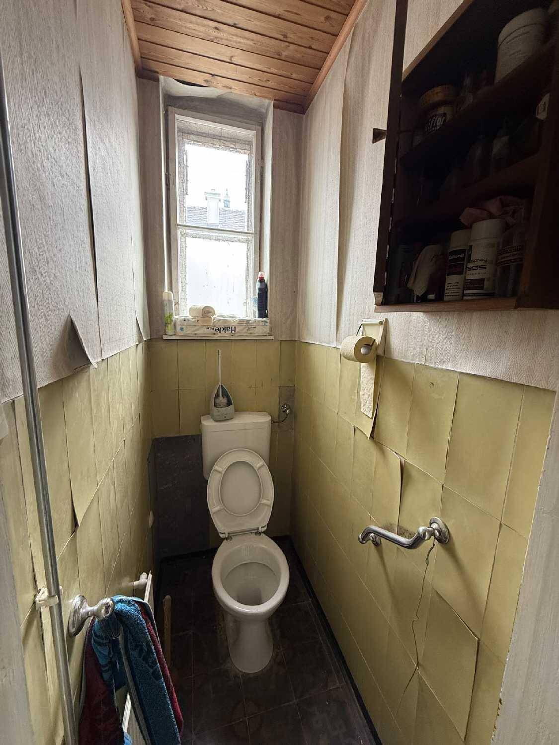 Kleines WC mit Toilette, Fenster und gelben Fliesen, sowie einer Holzdecke.