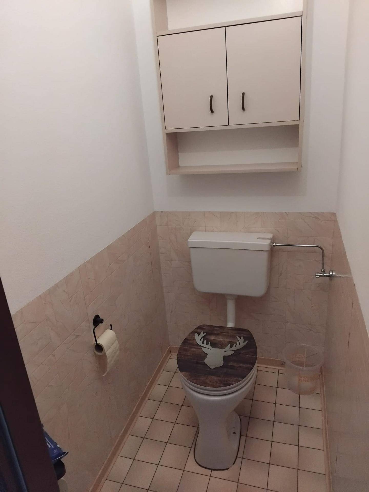 Gäste-WC mit WC und kleinem Wandschrank, ausgestattet mit Fliesenboden.