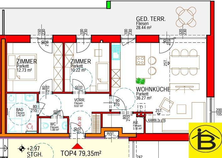 Detaillierter Grundriss einer Wohnung mit Wohnküche, zwei Zimmern, Bad und überdachter Terrasse.