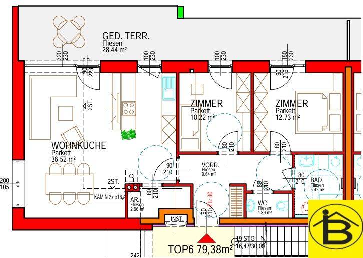 Detaillierter Grundriss einer Wohnung mit Wohnküche, zwei Zimmern und überdachter Terrasse.