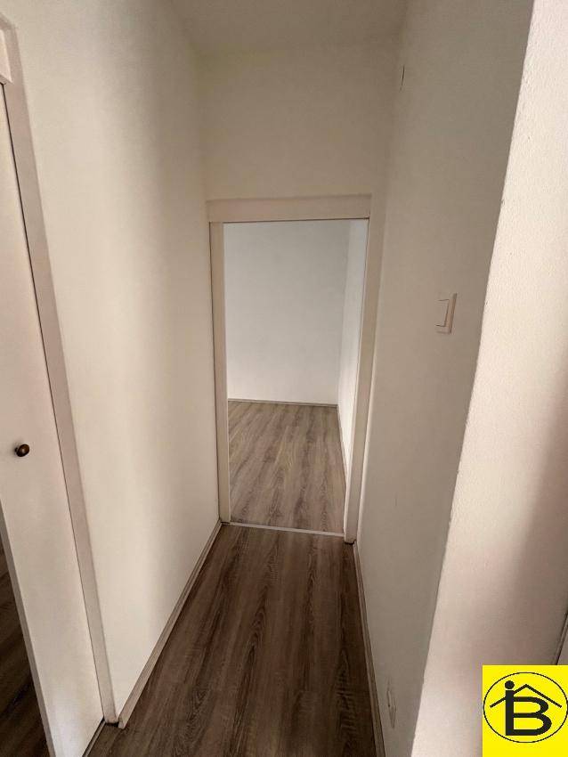 Heller Flur mit Laminatboden, der den Übergang zu einem weiteren Zimmer der Wohnung ermöglicht.