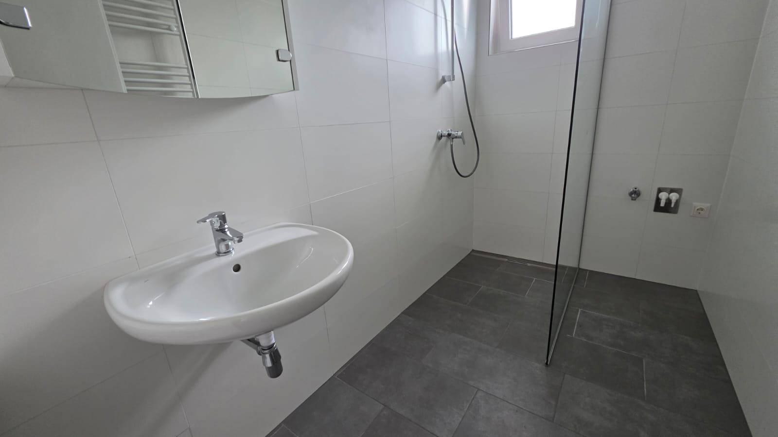 Modernes Badezimmer mit begehbarer Dusche, Einzelwaschbecken, Spiegelschrank und Fenster.