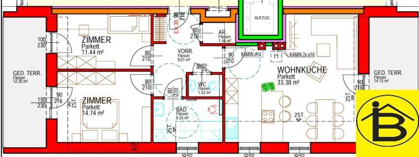 Detaillierter Grundriss einer Wohnung mit Wohnküche, zwei Zimmern, Bad und Terrasse.
