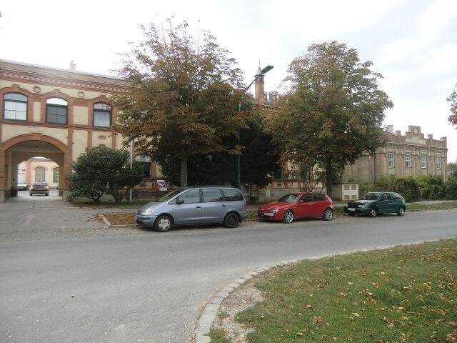Historisches Gebäude mit Bäumen und geparkten Autos entlang der Straße, in gutem Zustand.
