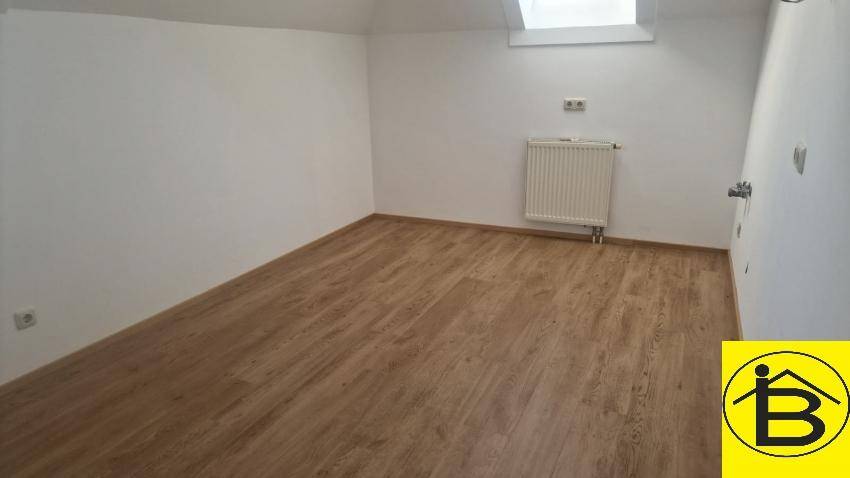 Helles Zimmer mit Holzboden, Dachfenster und Heizkörper, bietet vielseitige Nutzungsmöglichkeiten.