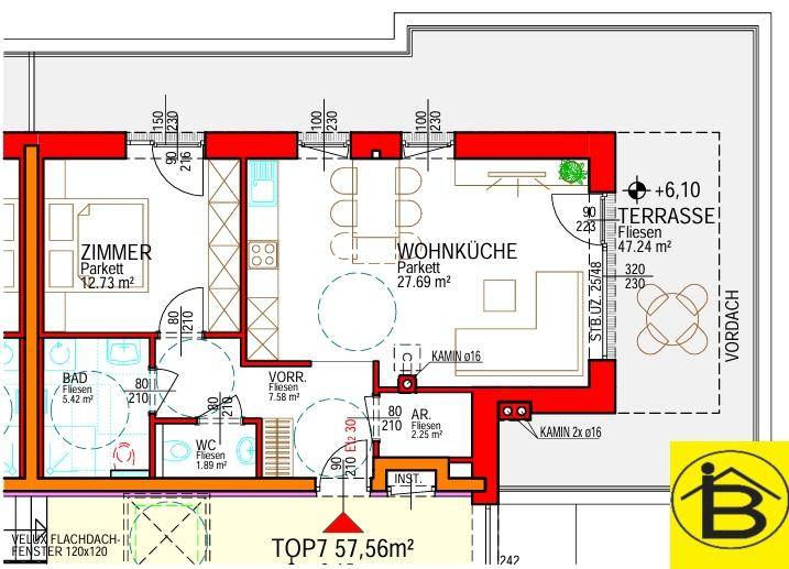 Detaillierter Grundriss einer Wohnung mit offener Wohnküche, Zimmern und großer Terrasse.