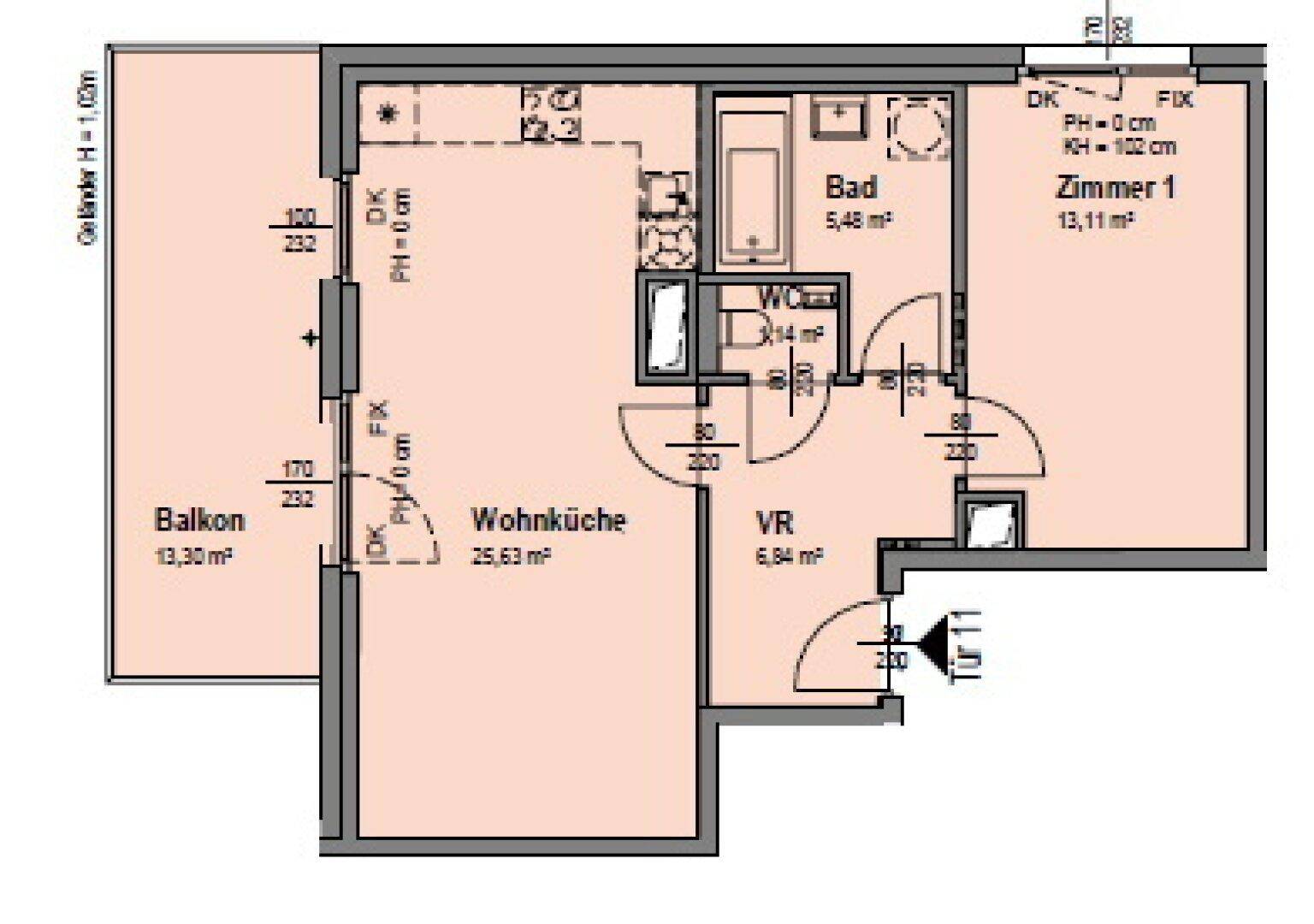 Detaillierter Grundriss einer Wohnung mit Balkon, Wohnküche, Bad und einem Zimmer.