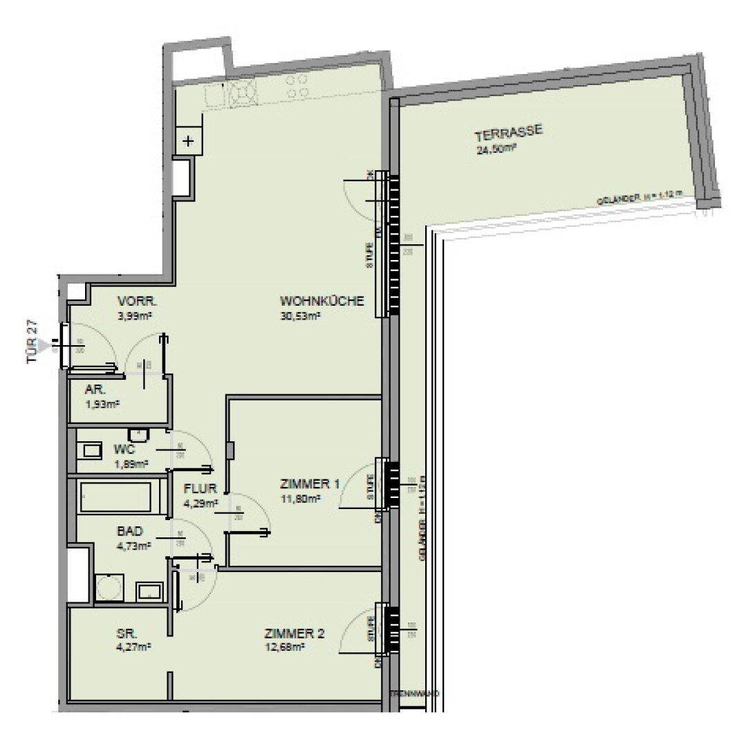 Grundriss einer Wohnung mit Wohnküche, zwei Zimmern, Bad, WC und großer Terrasse.