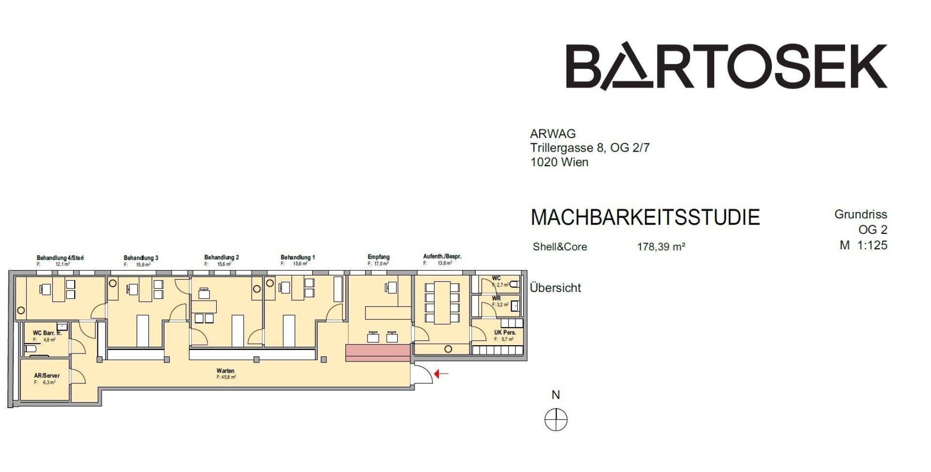 Grundriss einer Machbarkeitsstudie für eine Praxisfläche von 178,39 m² im Obergeschoss.