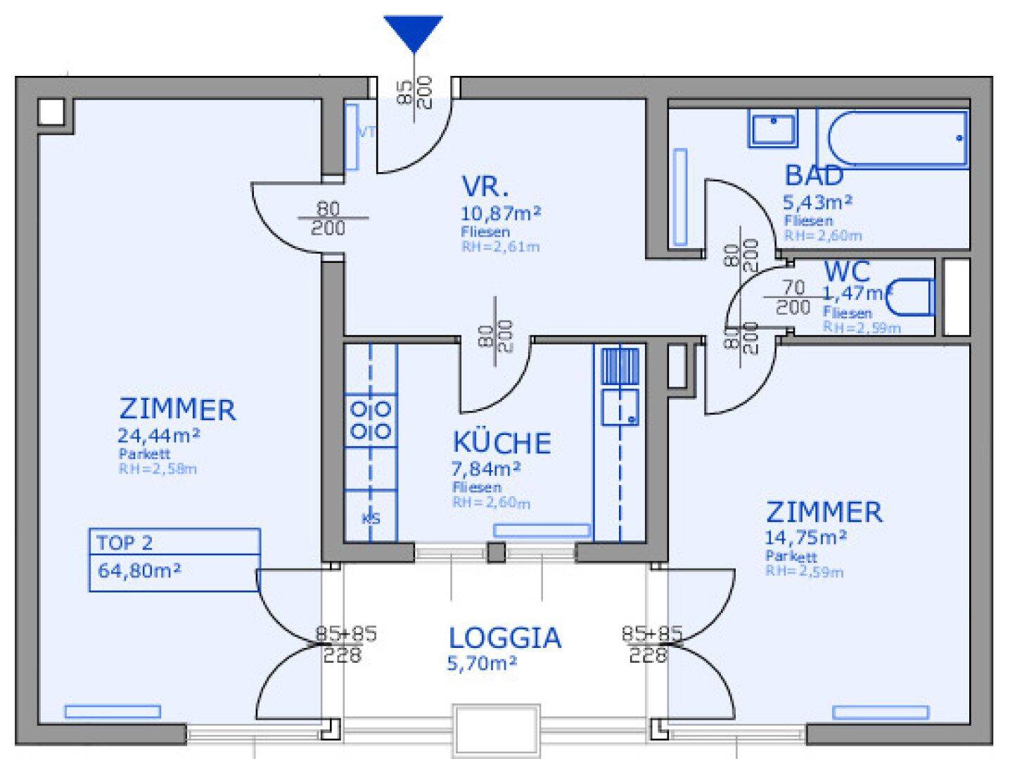Grundriss einer Wohnung mit zwei Zimmern, separater Küche, Bad, WC und einer Loggia.