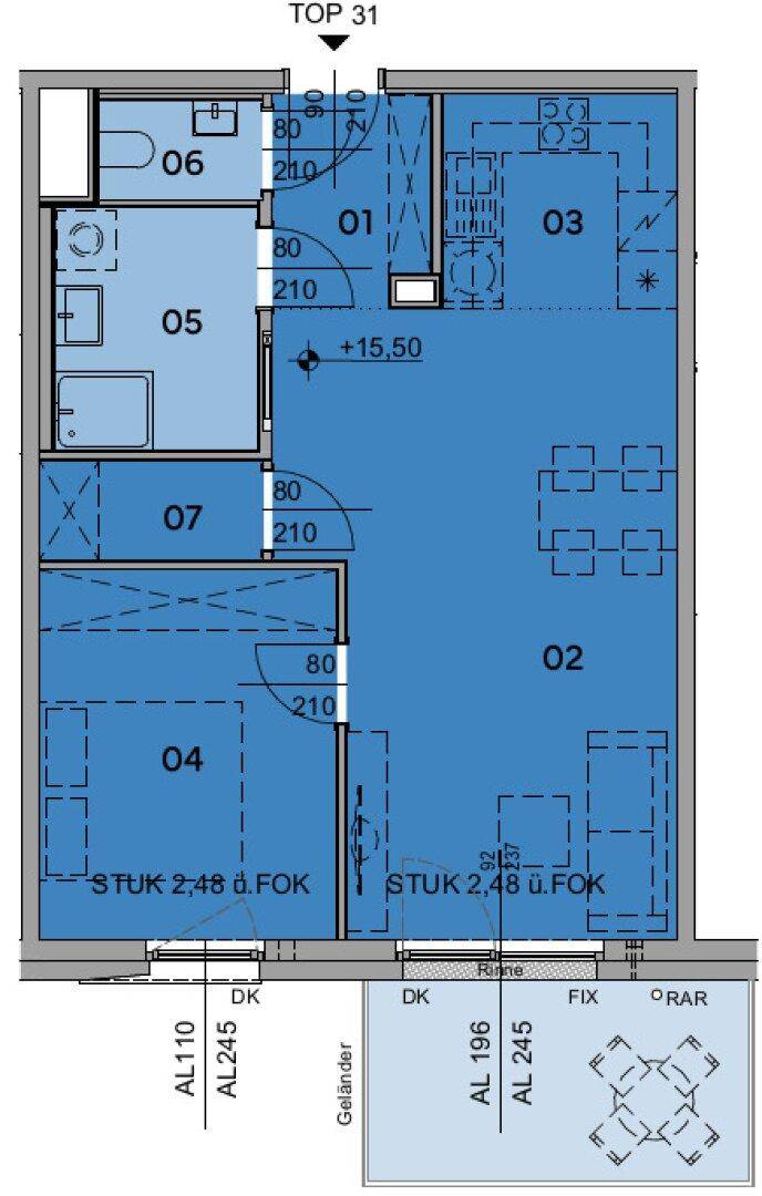 Detaillierter Grundriss einer Wohnung mit mehreren Zimmern und Balkon.