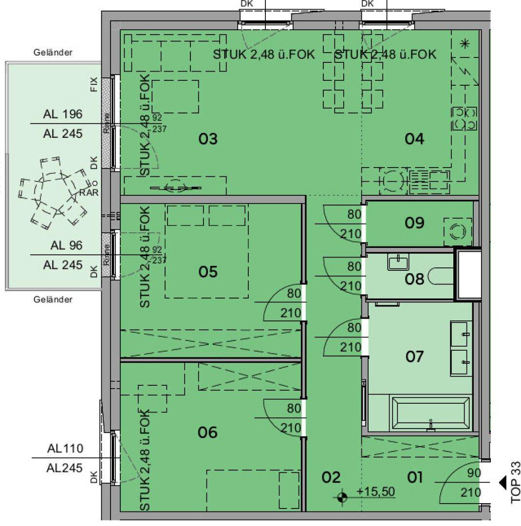 Grundriss einer Wohnung mit mehreren Zimmern, zwei Bädern und Balkonzugang.