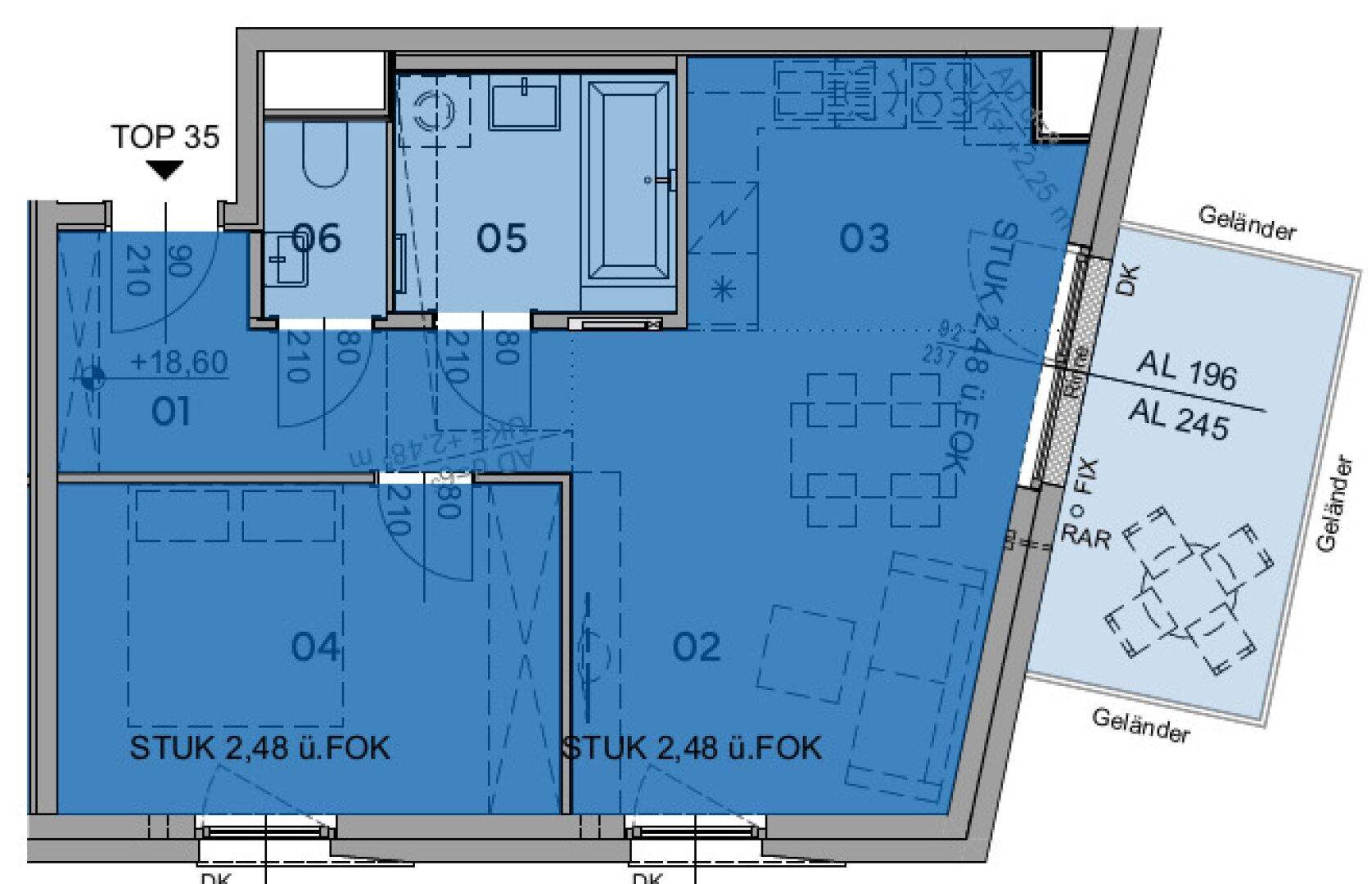 Detaillierter Grundriss einer Wohnung mit Bad, Schlafzimmern und offenem Wohnbereich.