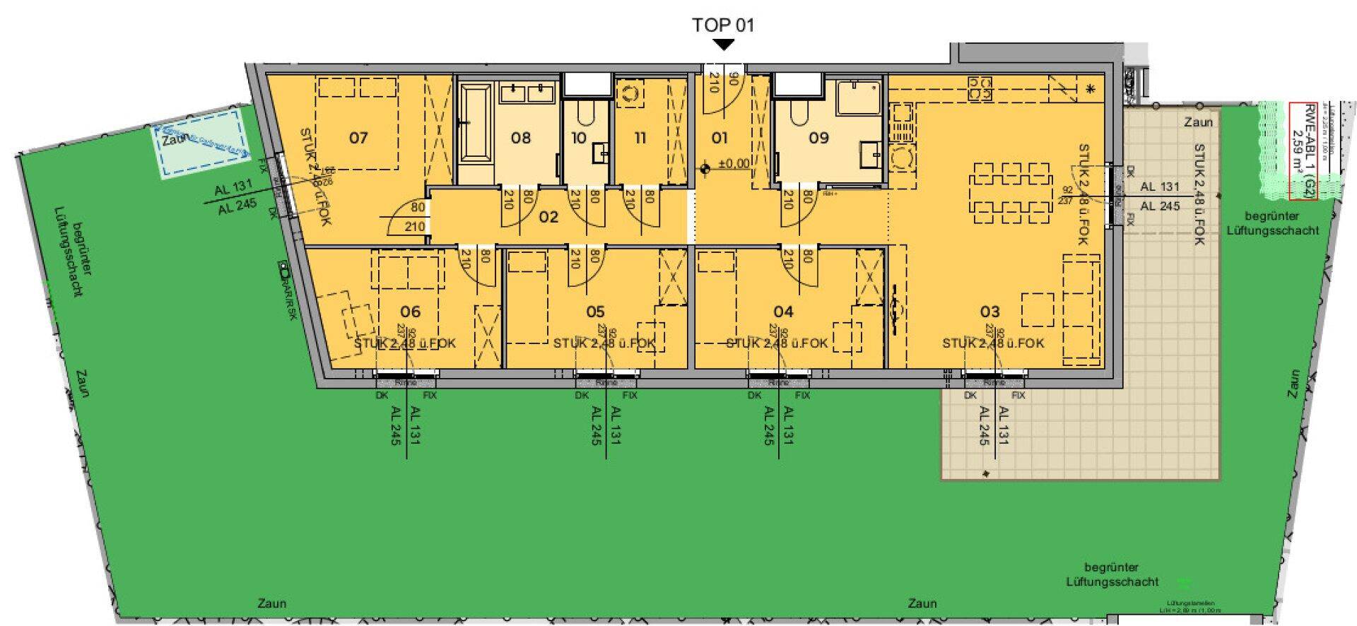 Detaillierter Grundriss einer Wohnung mit mehreren Zimmern und Zugang zu Garten und Terrasse.