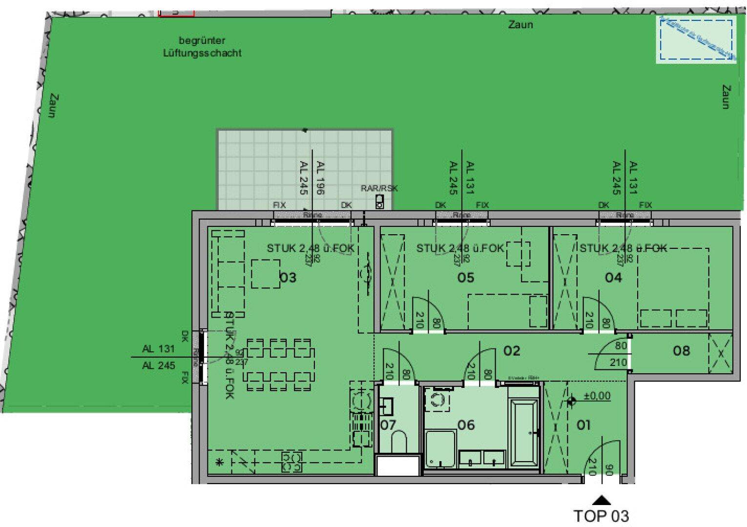 Grundriss einer Erdgeschosswohnung mit drei Zimmern und privatem Gartenbereich.