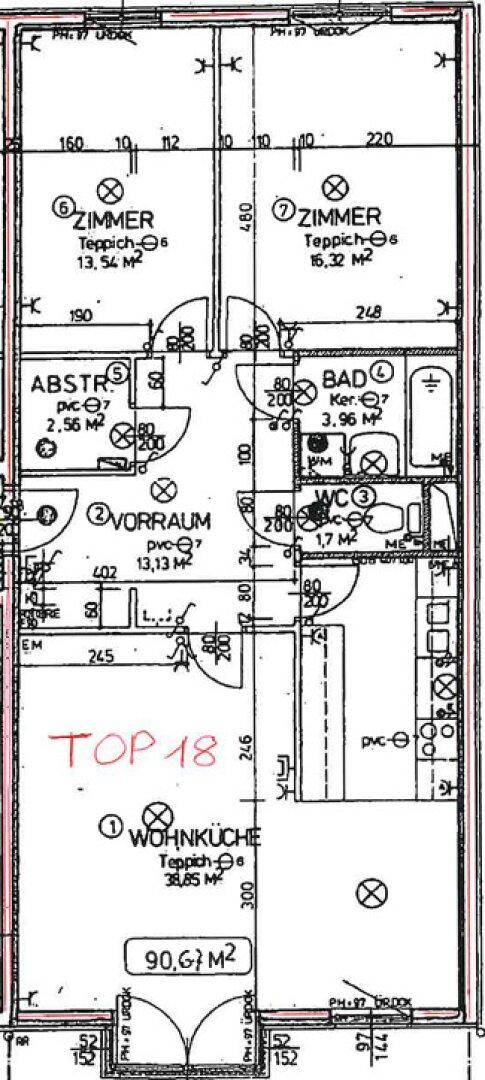 Grundriss einer Wohnung mit Wohnküche, zwei Zimmern, Bad und separatem WC.