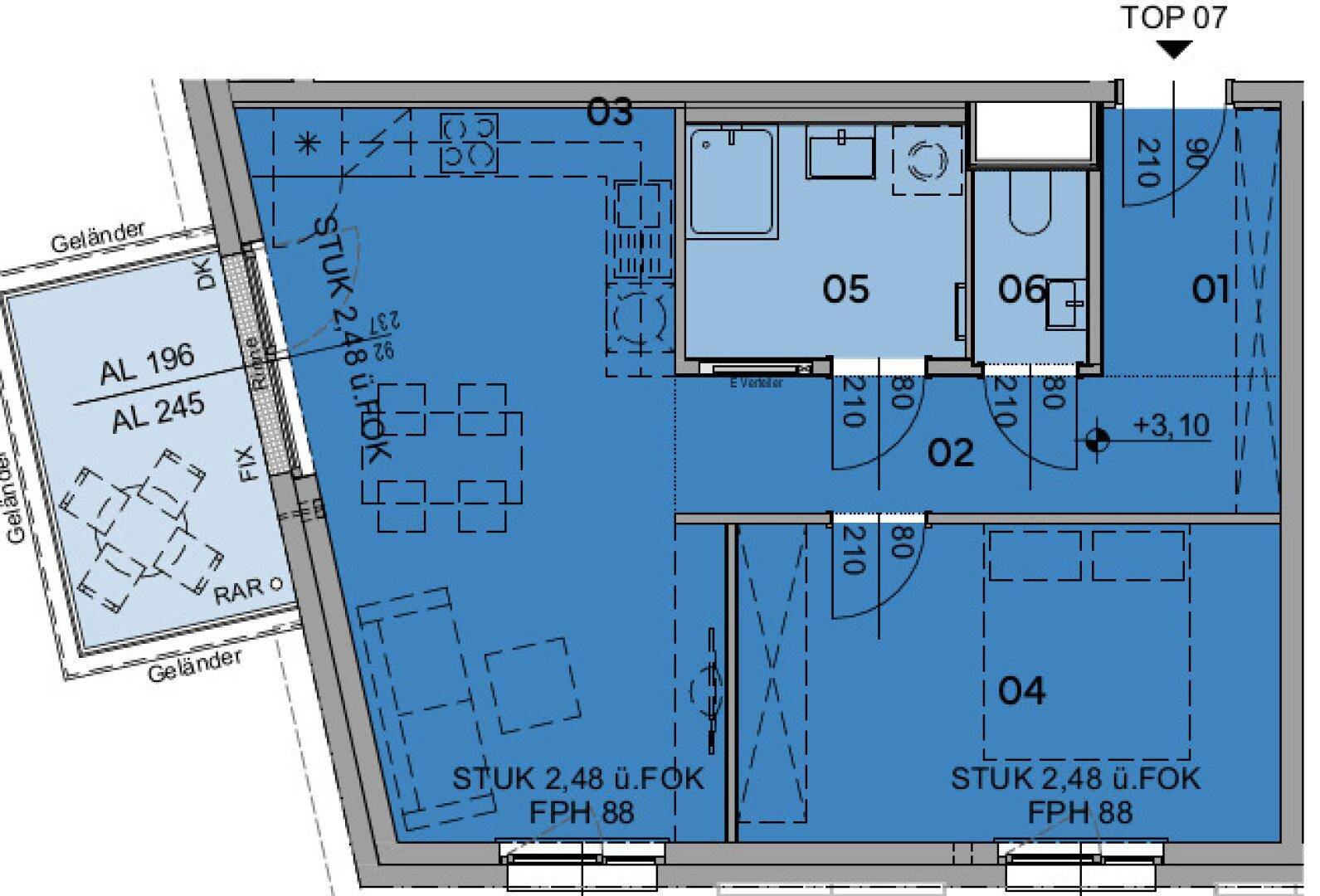 Grundriss einer Wohnung mit Balkon, Badezimmer und separatem WC-Bereich.