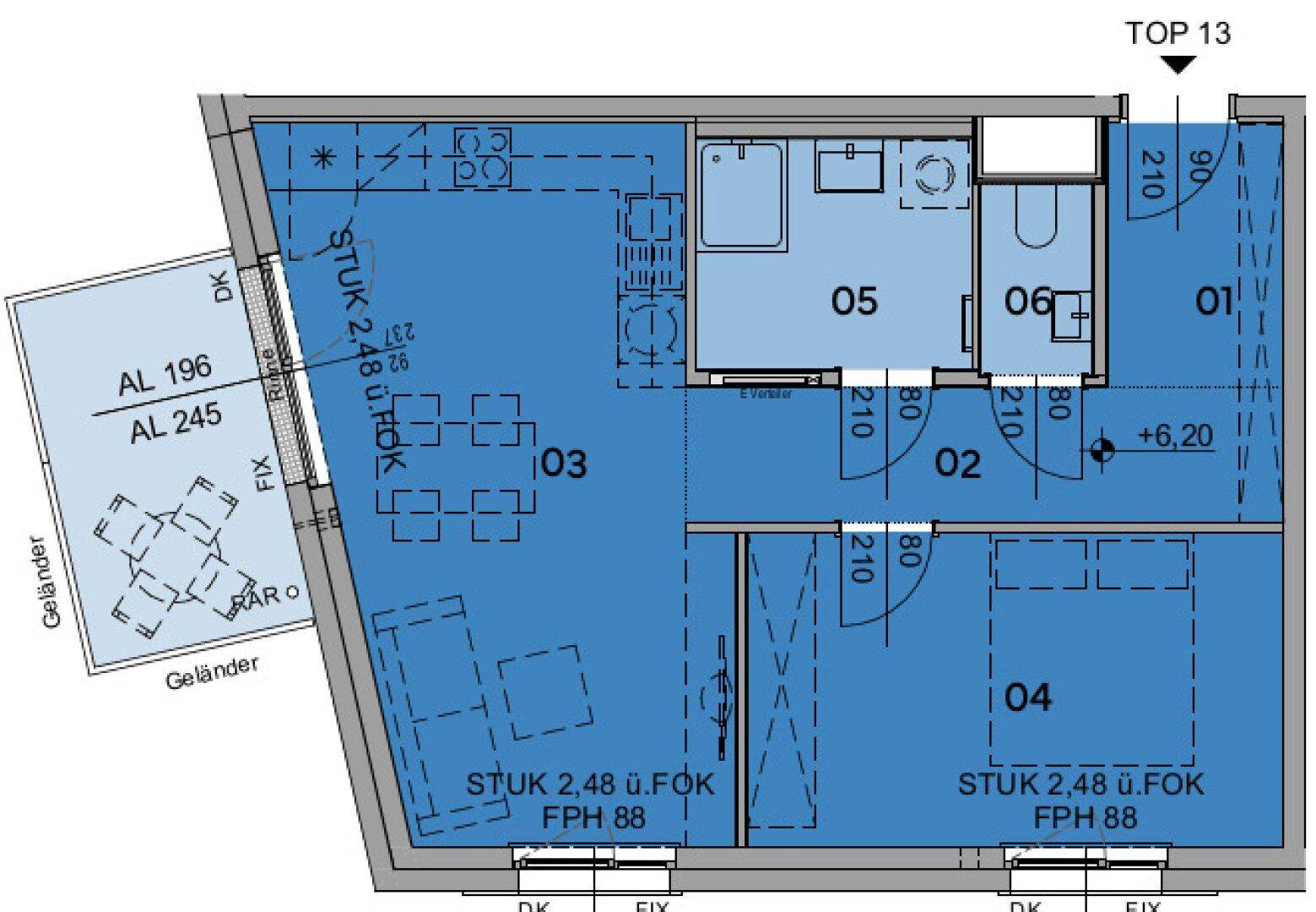 Grundriss einer Wohnung mit Balkon, offenem Wohnbereich und zwei Schlafzimmern.