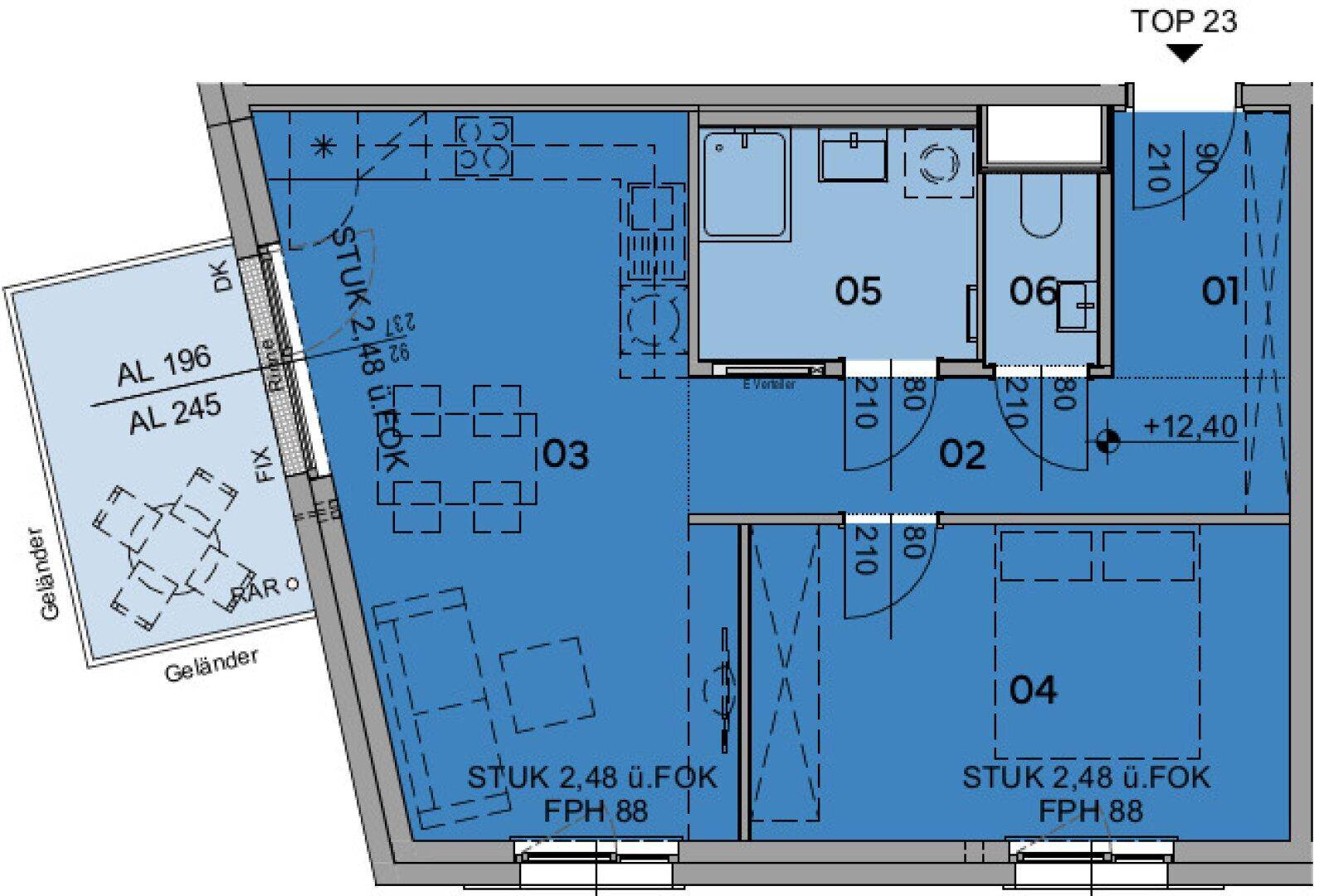 Detaillierter Grundriss einer Wohnung mit zwei Schlafzimmern, offenem Wohnbereich und Balkon.