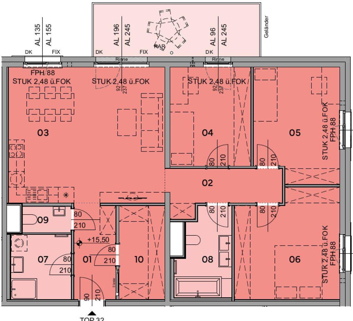 Detaillierter Grundriss einer Wohnung mit mehreren Zimmern und klar definierten Funktionsbereichen.