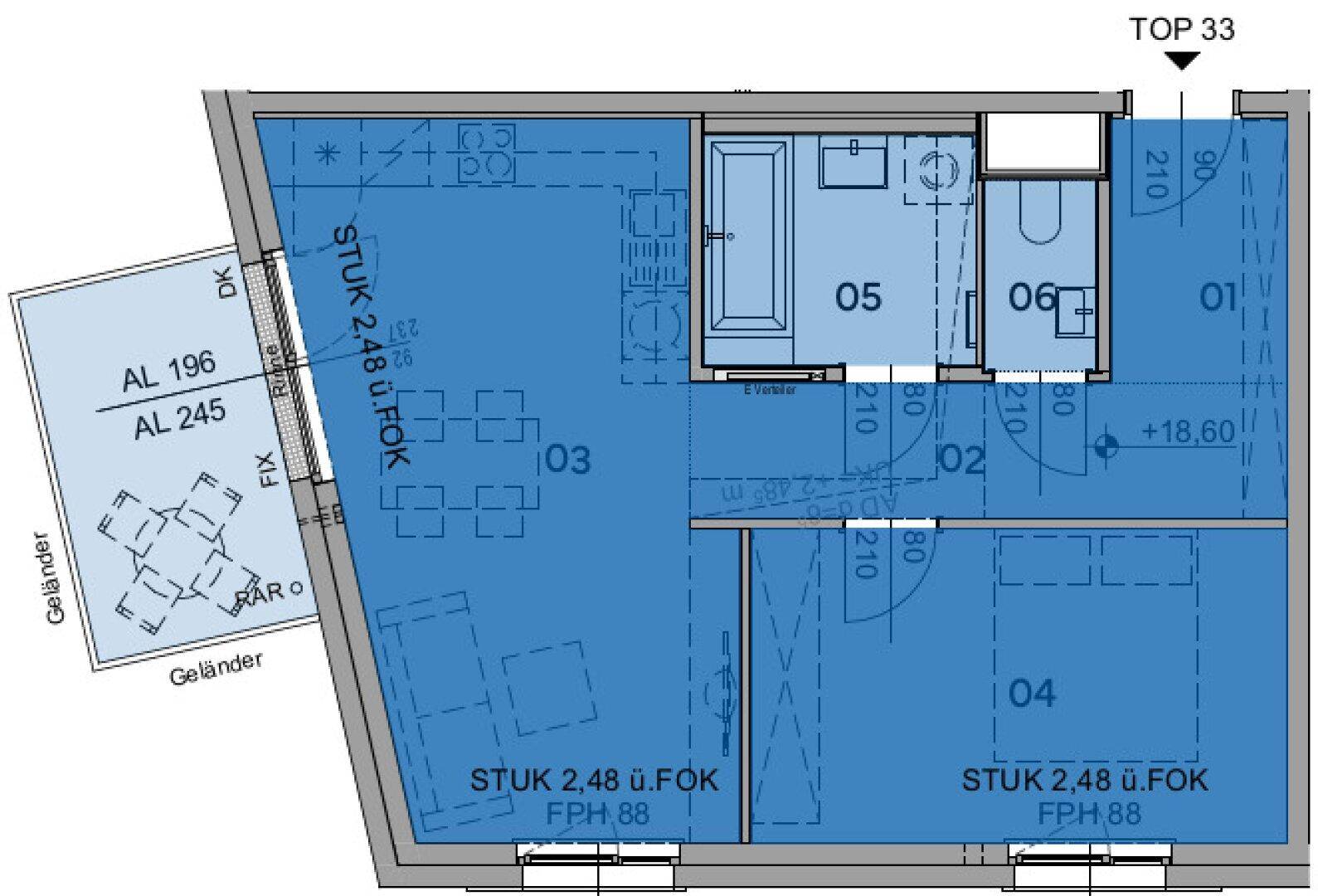 Grundriss einer Wohnung mit zwei Schlafzimmern, Bad und separatem WC sowie Balkon.