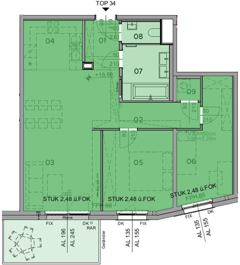 Detaillierter Grundriss einer Wohnung mit Badewanne, separatem WC und mehreren Zimmern.