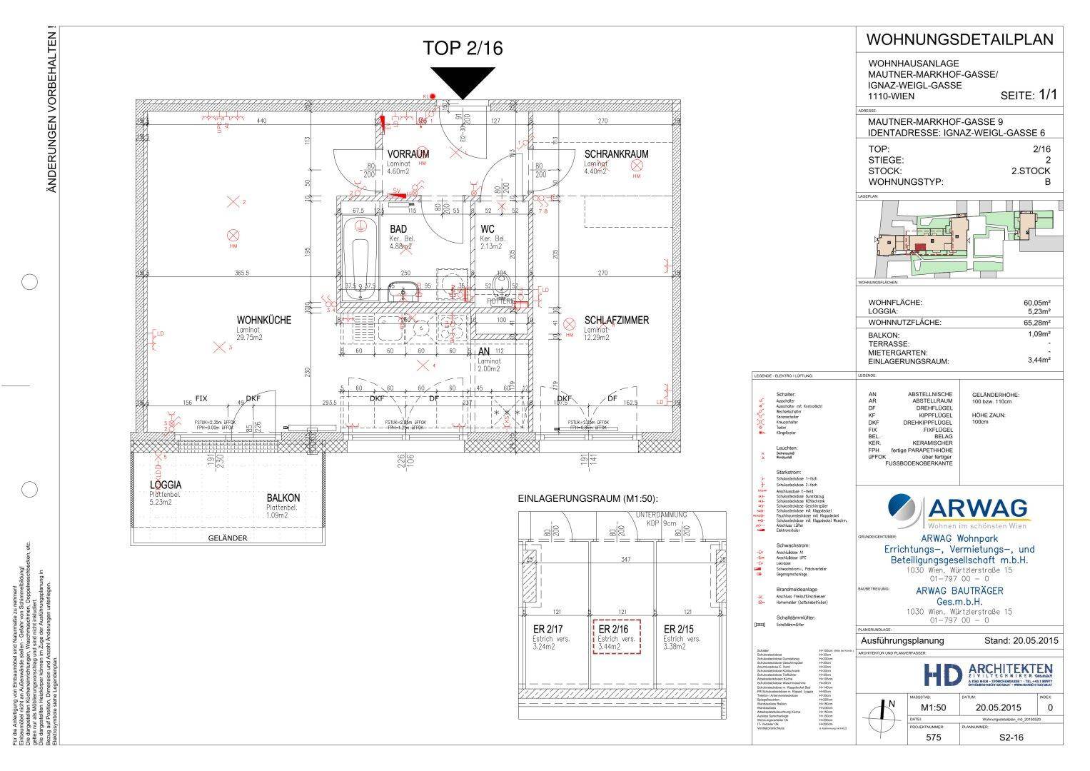 Detaillierter Grundriss einer Wohnung mit offener Wohnküche, Schlafzimmer, Bad, separatem WC und Loggia.