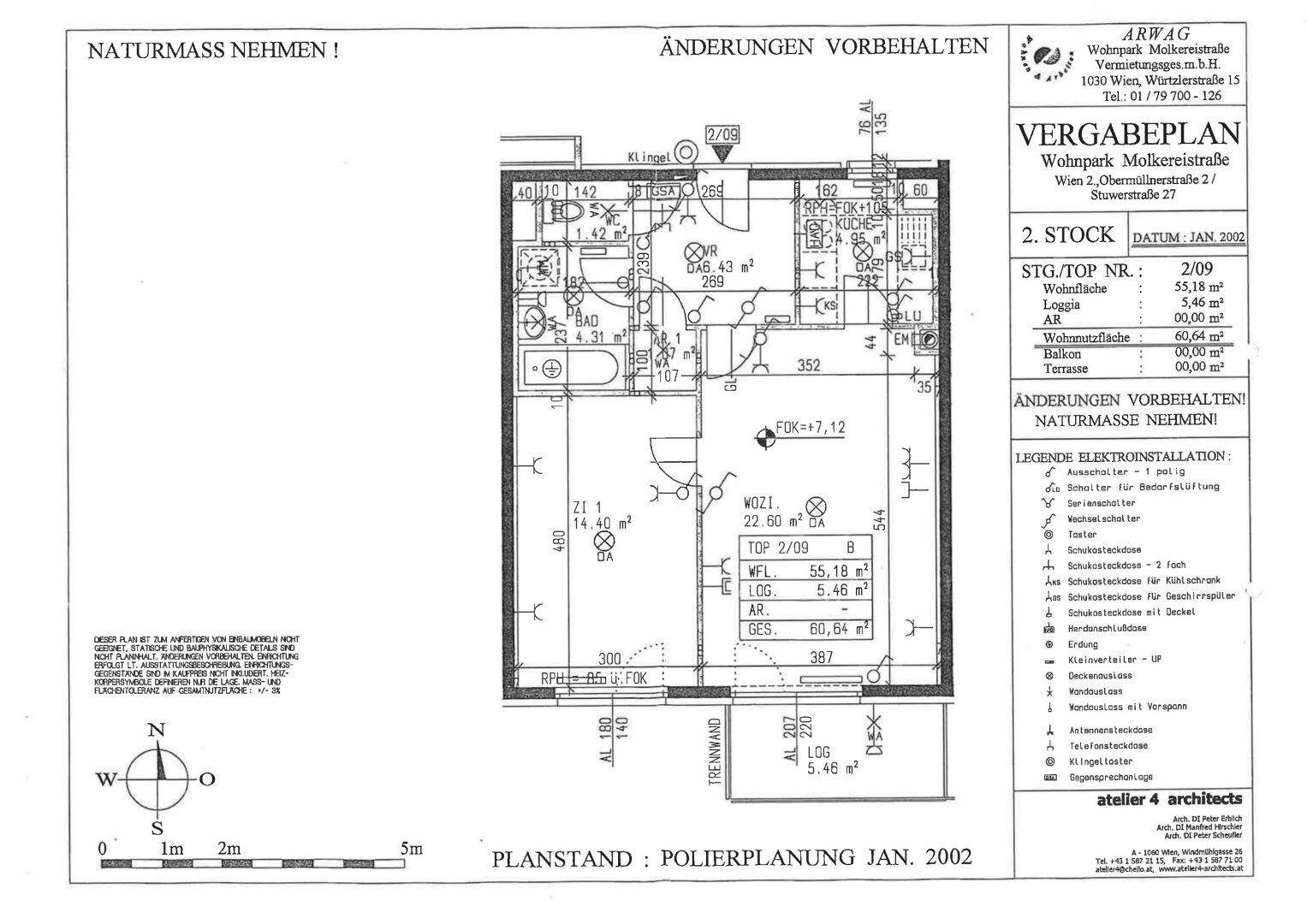 Grundrissplan einer Wohnung mit Wohnzimmer, Schlafzimmer, Bad und Loggia, datiert Januar 2002.