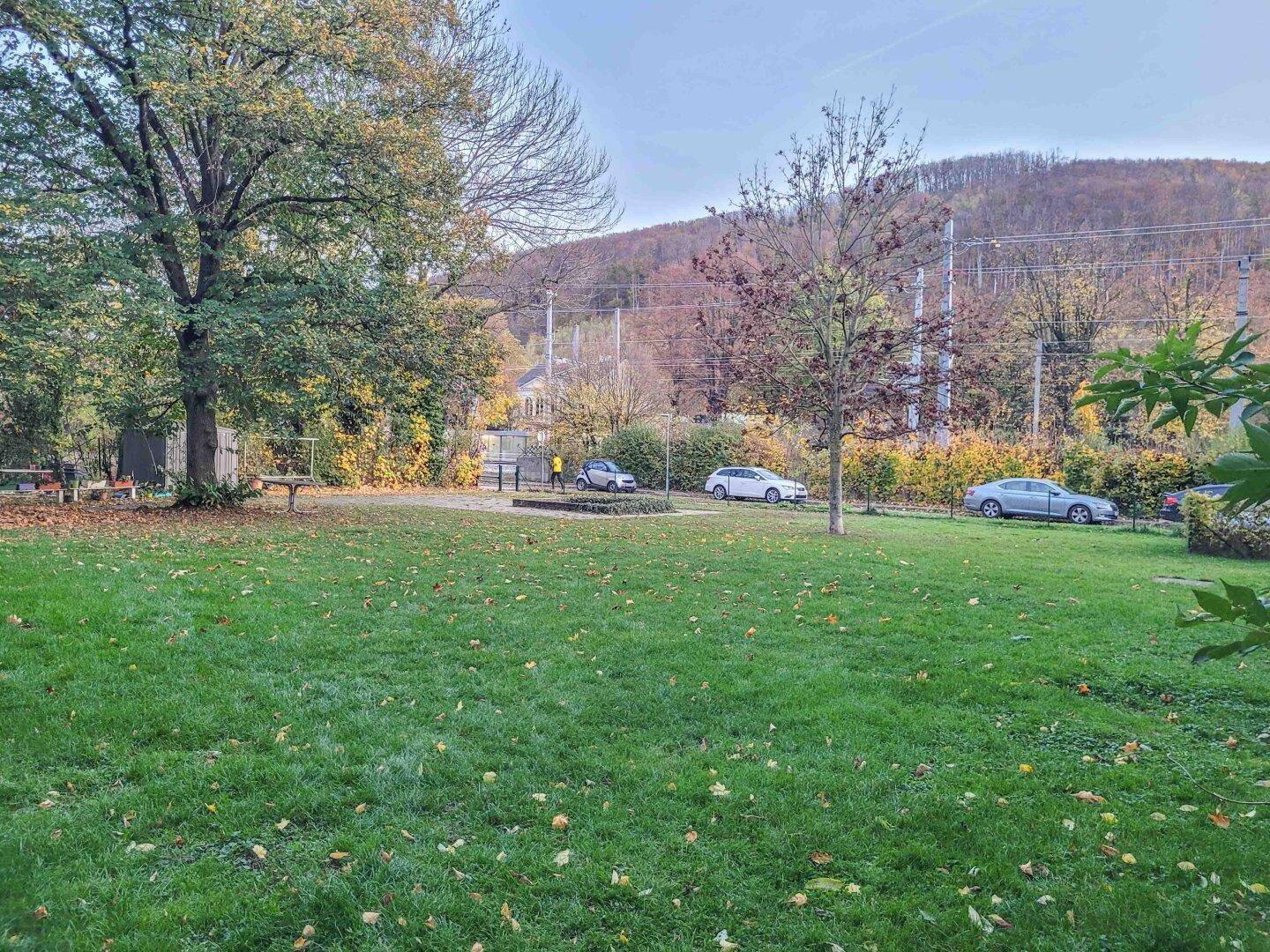 Weitläufige Grünfläche mit Rasen und Bäumen, umgeben von einer hügeligen Landschaft.