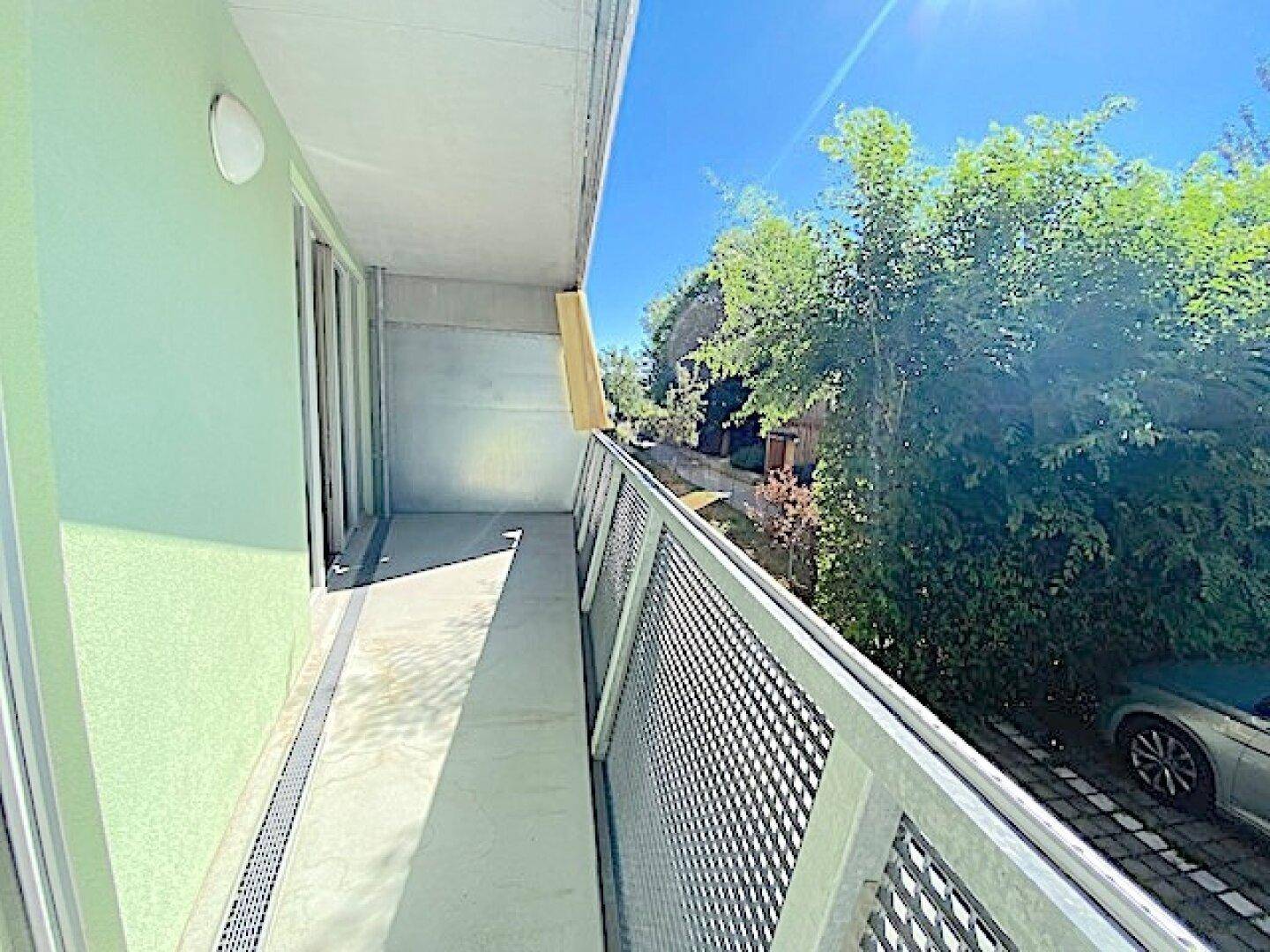 Schmaler Balkon mit Metallgeländer und grüner Wand, umgeben von Bäumen und Vegetation.