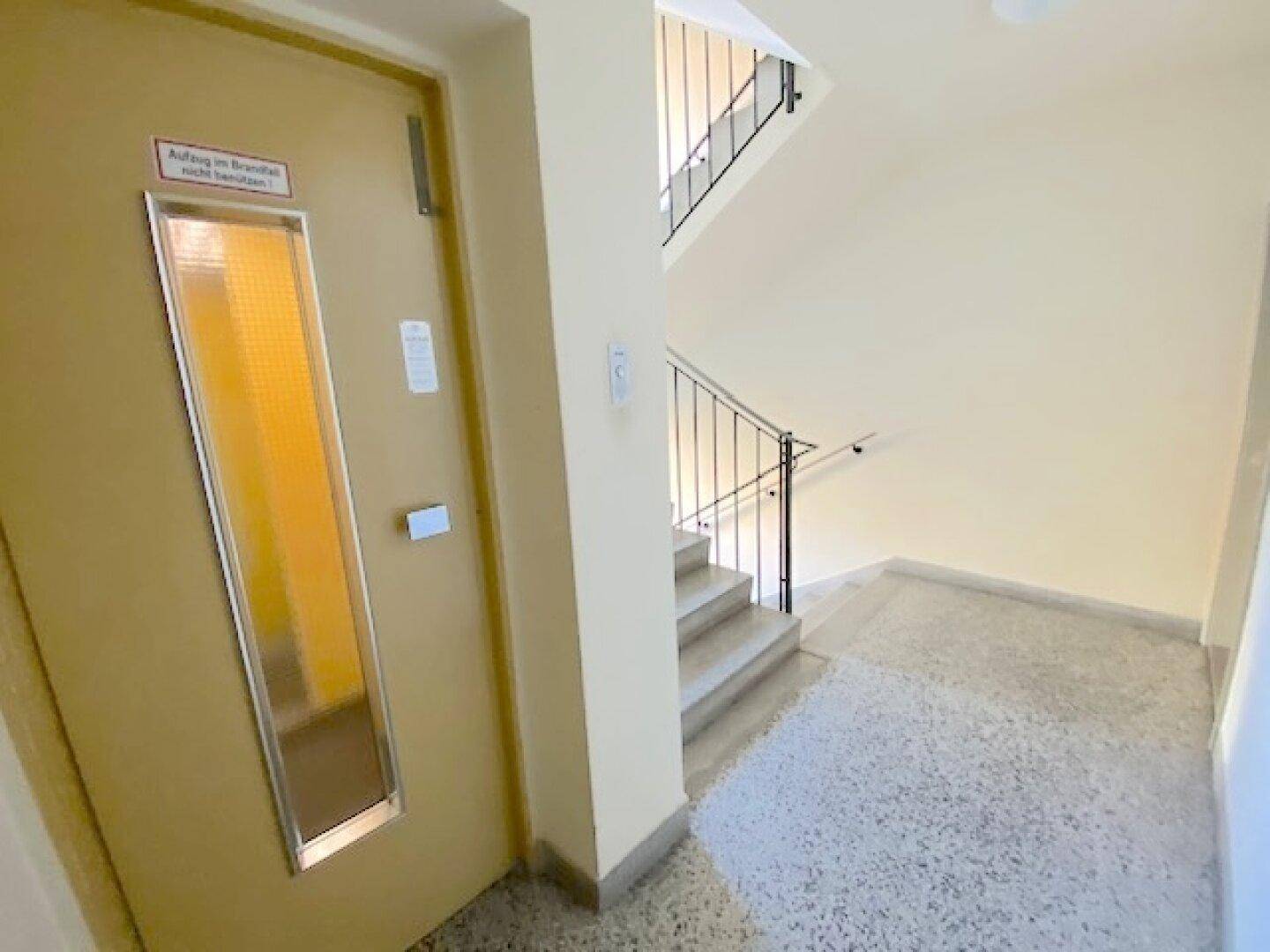 Treppenhaus und Aufzug in einem Mehrfamilienhaus, mit Terrazzoboden.