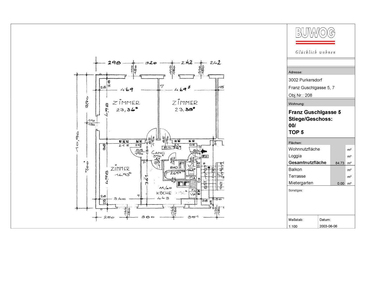 Grundrissplan mit Raumaufteilung und Maßen für eine Wohnung mit mehreren Zimmern.